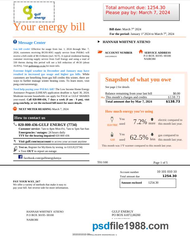 Kenya Gulf Energy Gas Utility Bill
